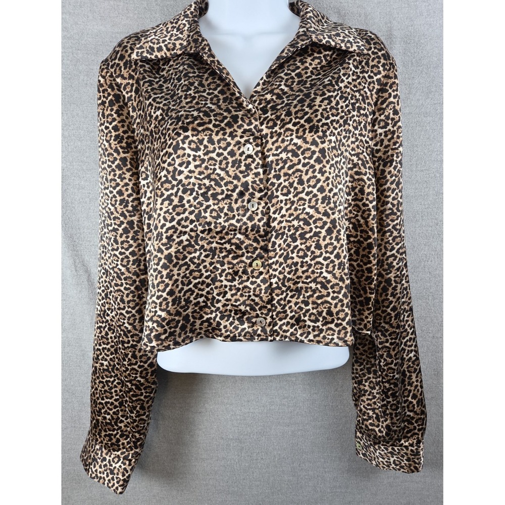 RACHEL ZOE M Leopard Animal Print Crop Shirt Button Up Satin Whimsigoth Vamp